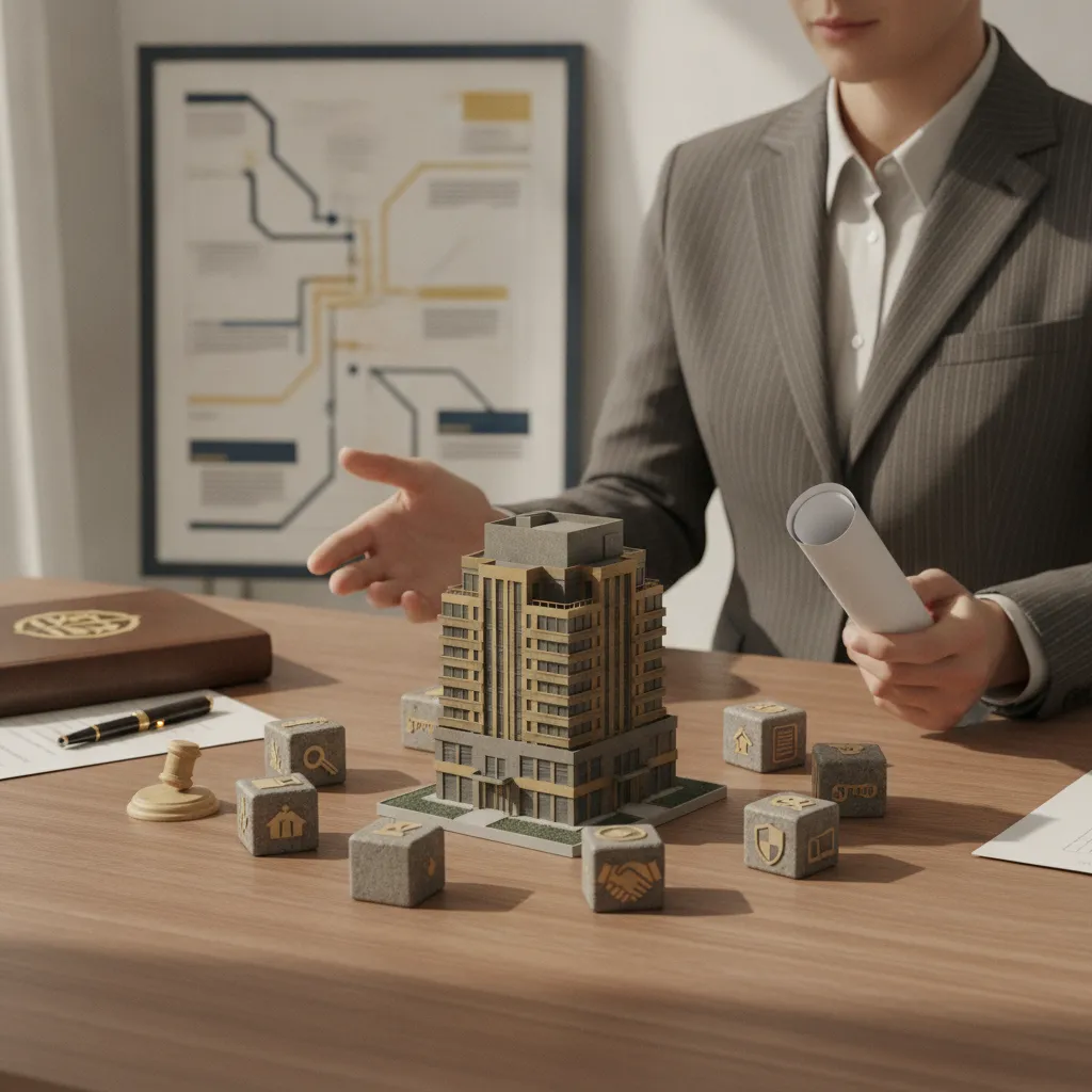 עורכת דין מציגה עקרונות דיני המקרקעין בישראל עם מודל בניין ותרשים